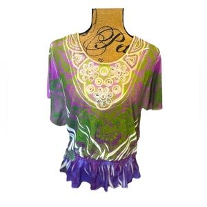 J.T.B. Y2K Boho Sequin Embroidered Scoop Neck Bat Sleeve M